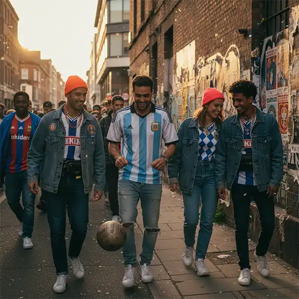 عکسی در یک کوچه از طرفداران فوبتال با لباس های فوتبالی کلاسیک