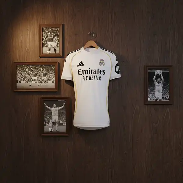 لباس اول رئال مادرید بر روی دیوار چوبی با قاب های عکس اسوره های باشگاه