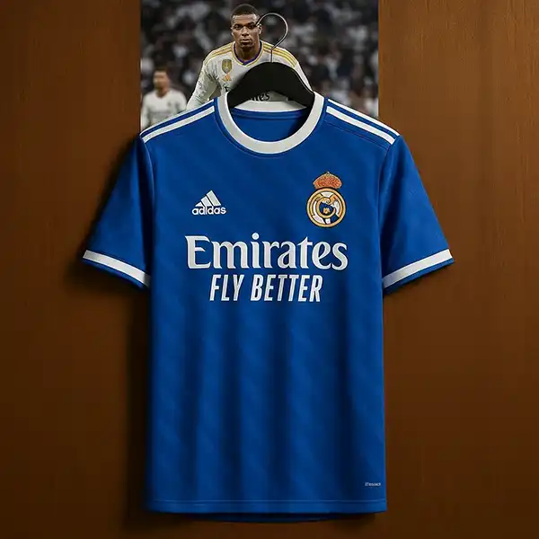 کیت سوم رئال مادرید آبی بر روی دیوار چوبی  به عکس پوستر امباچه