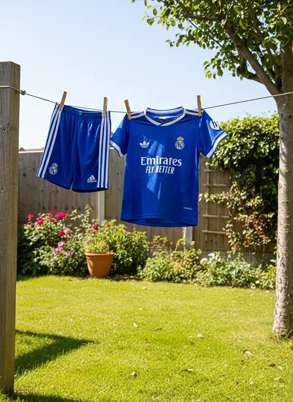 لباس سوم رئال مادرید آبی بر روی بند رختدر حیاط