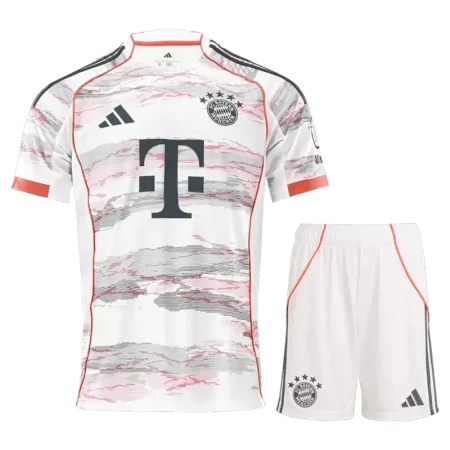 ست پیراهن و شورت دوم بایرن مونیخ 2026 - کیت هواداری سفید با طرح گرافیکی خاکستری و قرمز