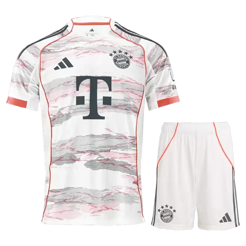 ست پیراهن و شورت دوم بایرن مونیخ 2026 - کیت هواداری سفید با طرح گرافیکی خاکستری و قرمز