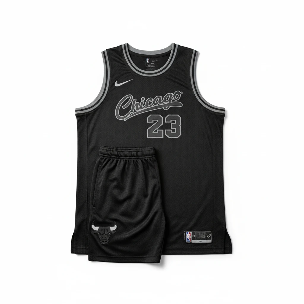 ست رکابی و شورت بسکتبال بزرگسال شیکاگو بولز شماره ۲۳ مایکل جردن - رنگ مشکی و خاکستری
