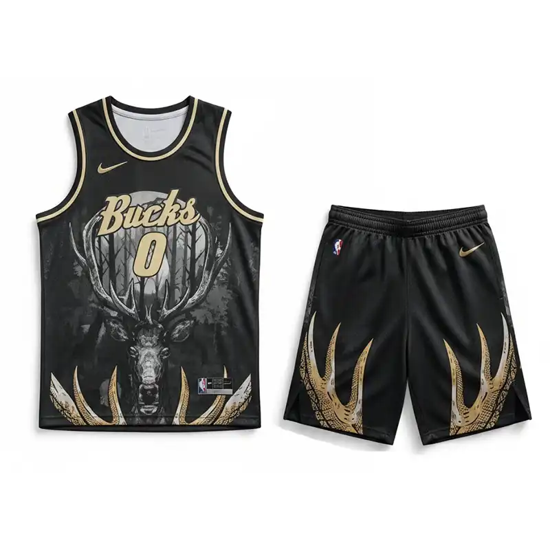 ست رکابی و شورت بسکتبال بزرگسال میلواکی باکس مشکی با طرح گرافیکی گوزن و شماره ۰ دیمین لیلارد به رنگ طلایی