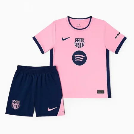 ست پیراهن صورتی و شورت سرمه‌ای بچه‌گانه باسلونا فصل 2022-23